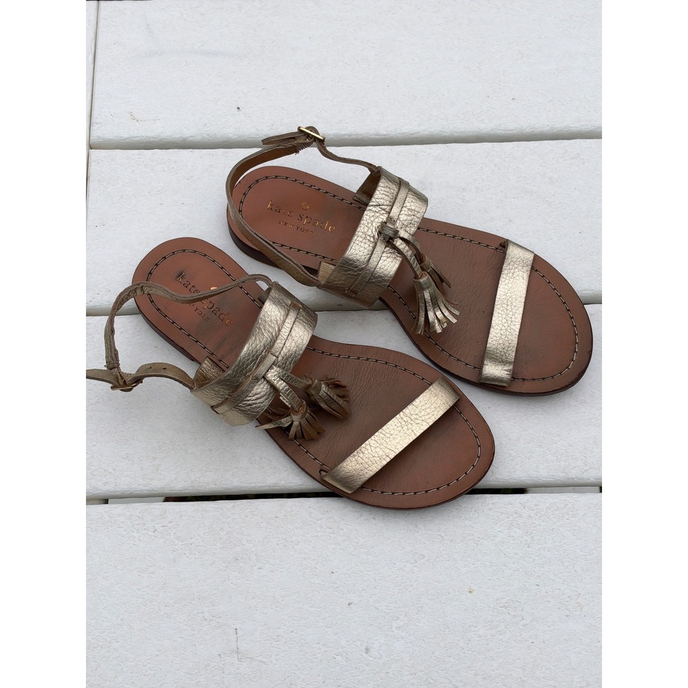 Kate Spade New York Metallic Gold Leather Tassel Flat Sandals Womens 7 shoes